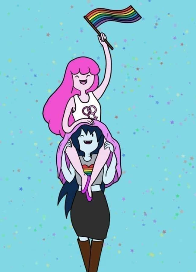 「愛就是愛。慶祝LGBT動畫」 壁紙 — 兩個動畫角色在閃爍的粉藍色天空下，愉快地揮舞彩虹旗慶祝。