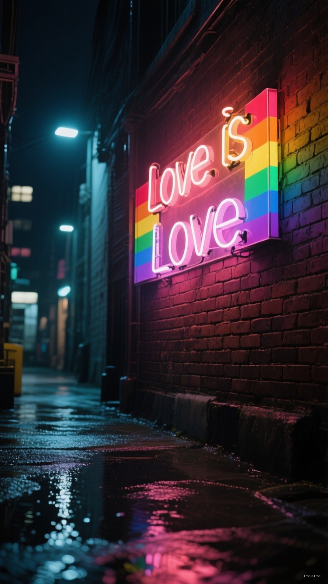 一個發光的彩虹霓虹燈牌，上面寫著「Love is Love」，在夜晚的城市小巷中，掛在濕漉漉的磚牆上。