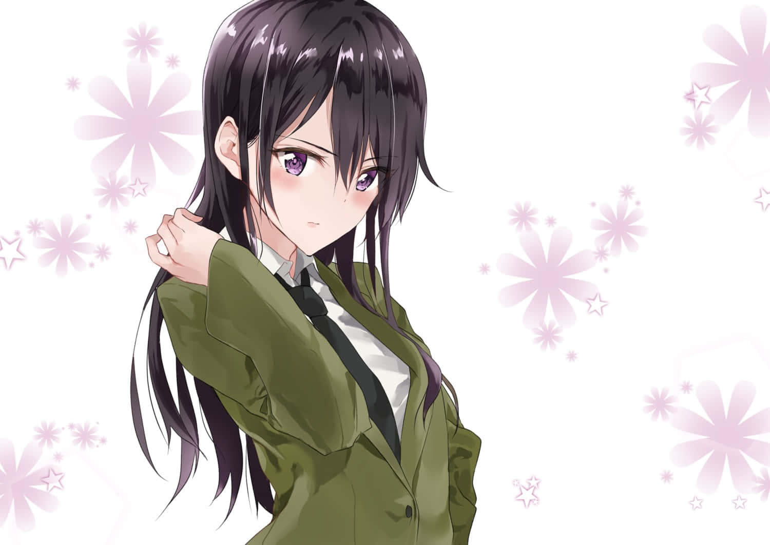 黑髮紫眼動漫女孩，身穿綠色外套，搭配粉紅花朵。