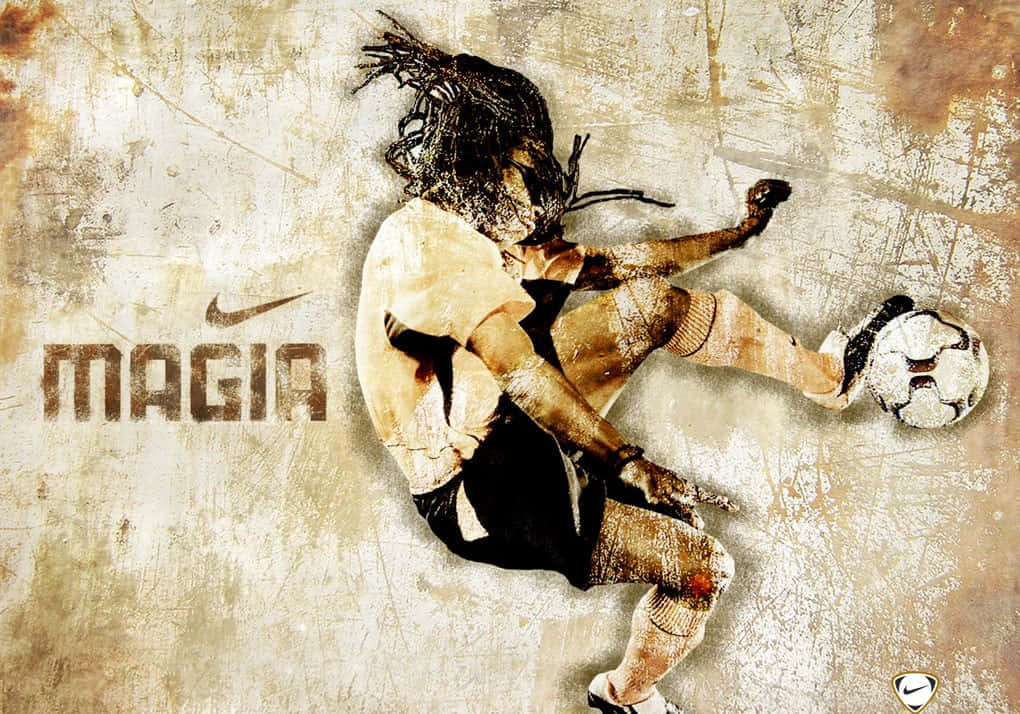 足球運動員在grungy背景上踢球，帶有「MAGIA」和Nike標誌。