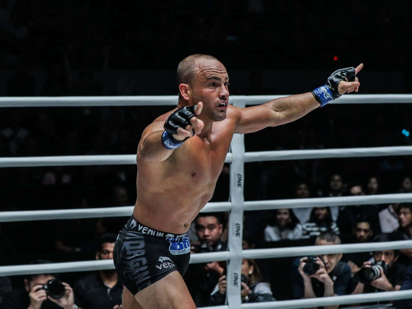 一位勝利的混合武術家在八角籠中慶祝，周圍有粉絲和攝影師。