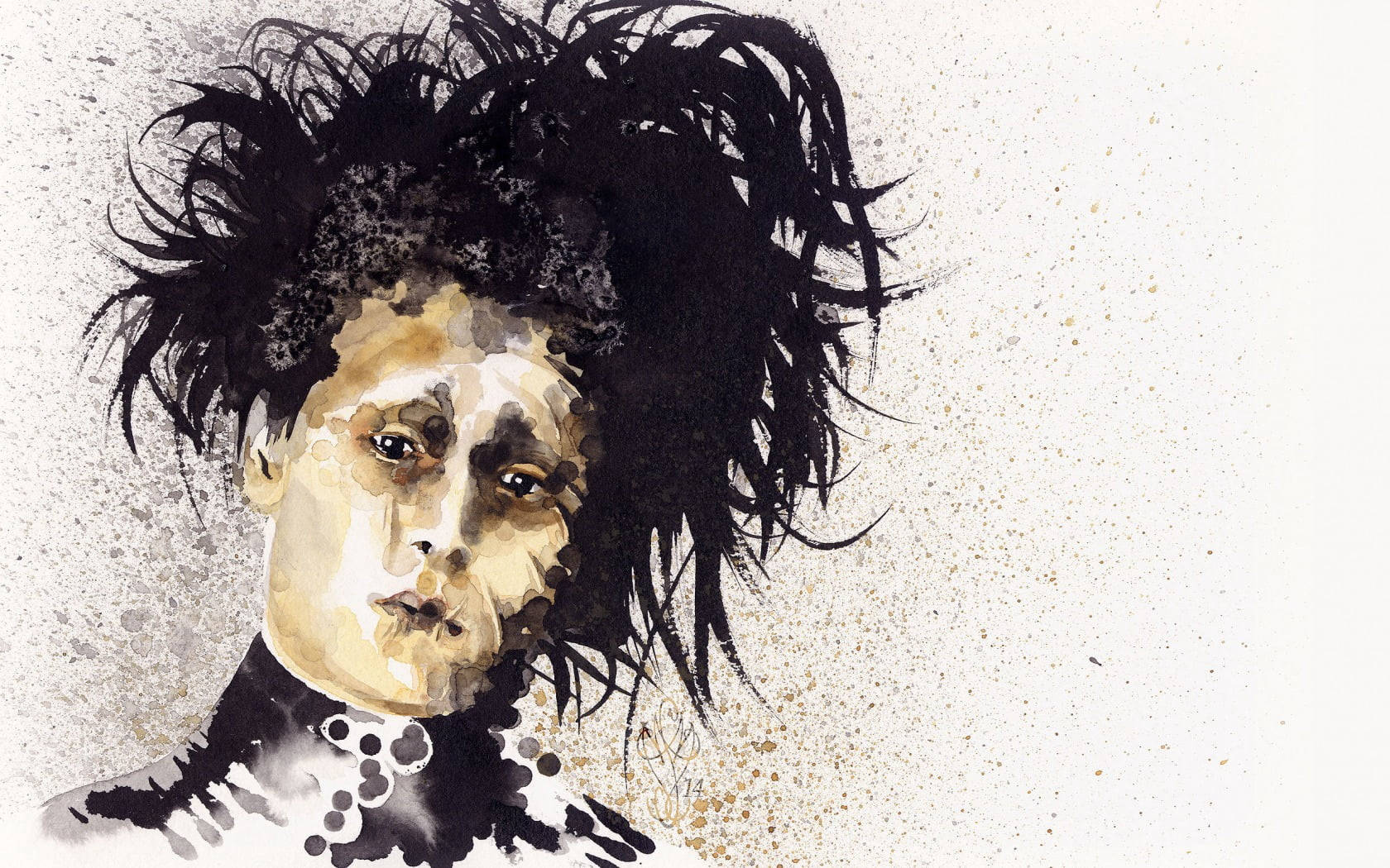 愛德華剪刀手繪畫 壁紙 — 一幅水彩肖像畫，描繪一個擁有狂野黑髮和紋理臉部的人，背景帶有斑點。