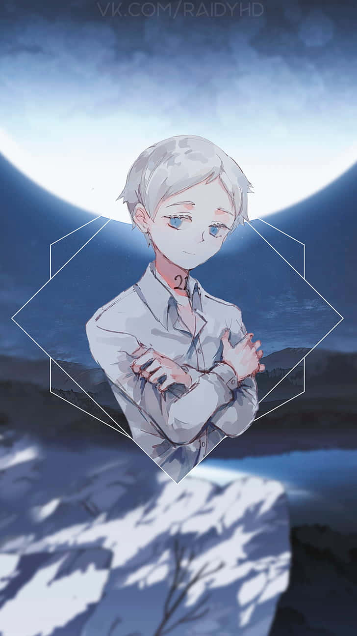 銀髮藍眼的動漫男孩被鑽石框住，背景是雪夜場景。