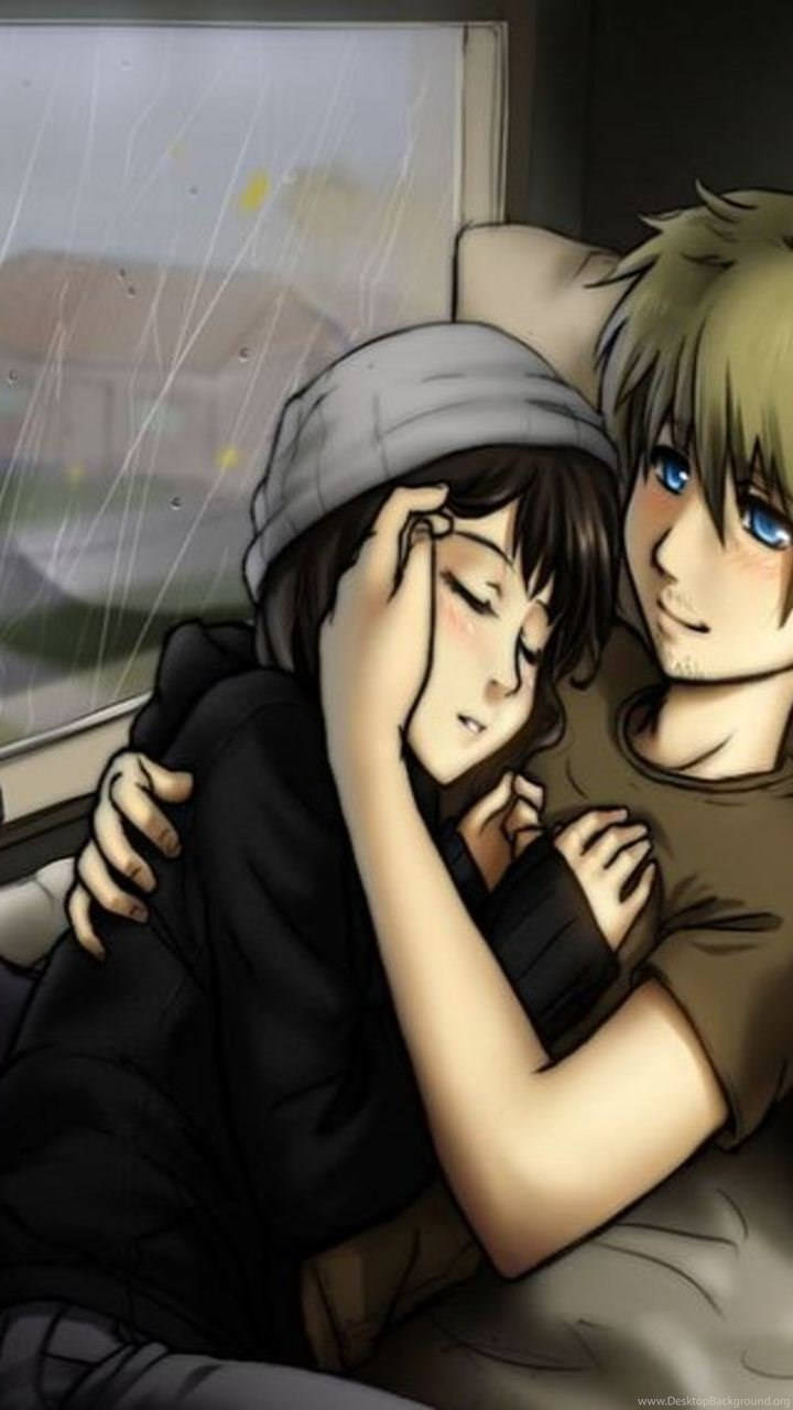 兩個動漫角色在雨中的火車車廂內溫暖地擁抱。