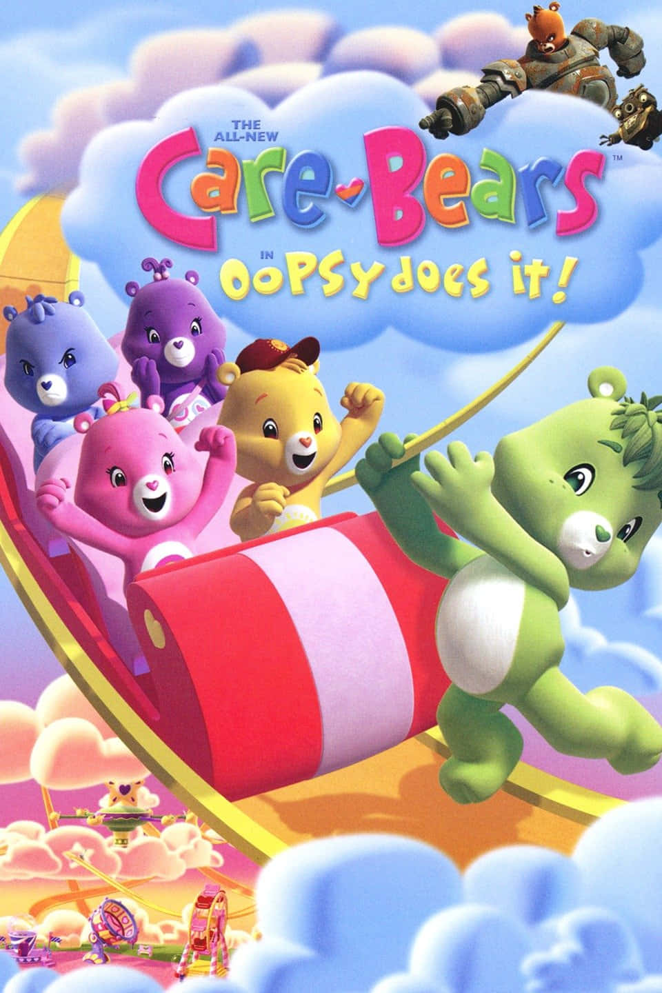 Care Bears穿過雲朵，從巨大的彩色滑梯上滑下。