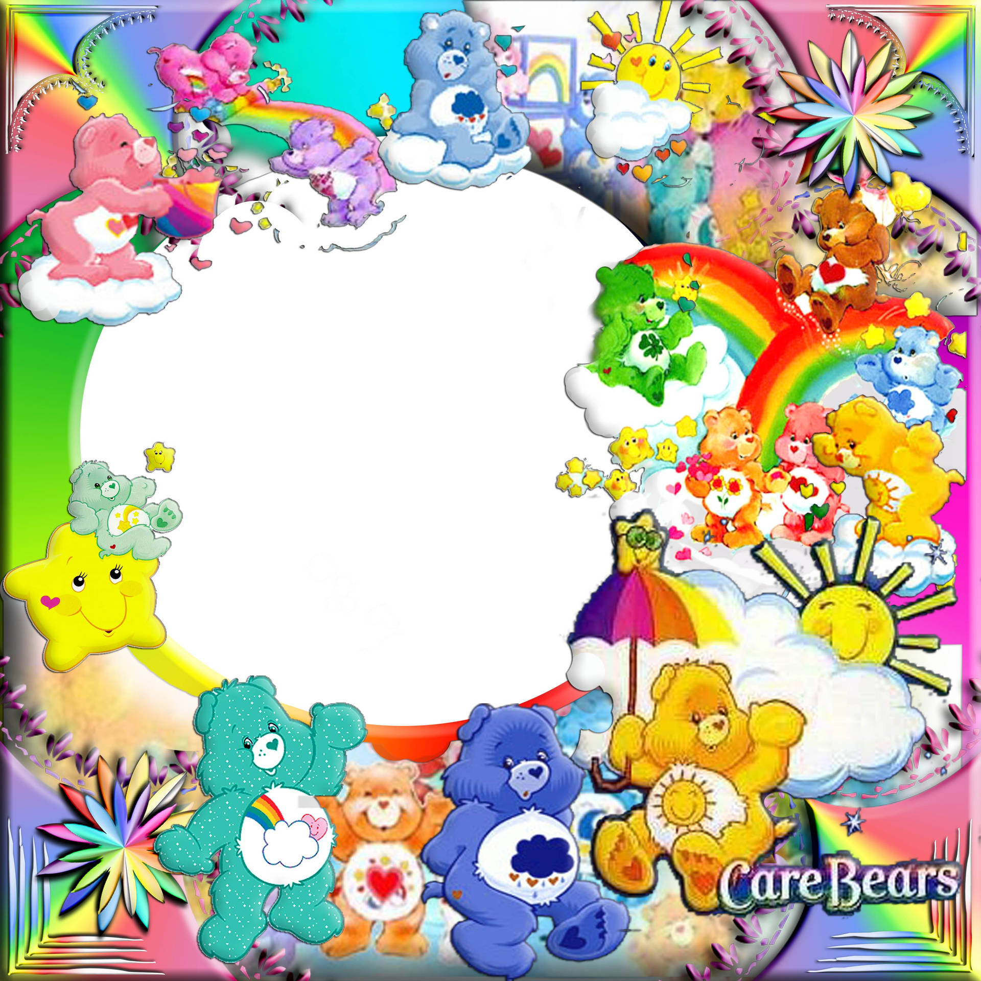 Care Bears卡通角色與彩虹和太陽在一個色彩繽紛的框架中。