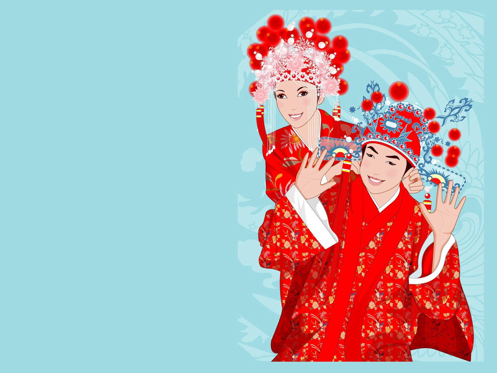 微笑的中國傳統婚禮新人，身穿紅色禮服，戴著裝飾性頭飾。