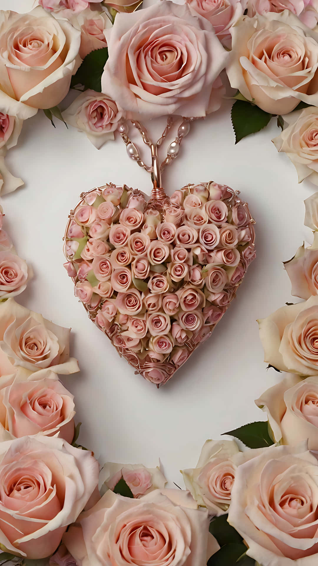 愛意綻放：心與玫瑰壁紙 壁紙 — 一個由細小粉紅玫瑰製成的心形吊墜，懸掛在較大粉紅玫瑰邊框中間，背景為白色。
