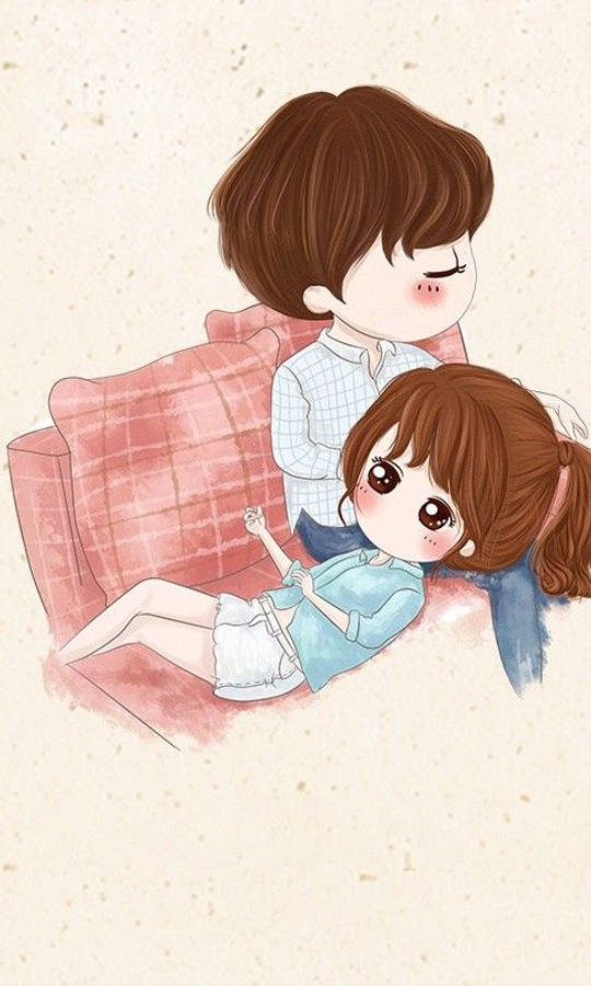 愛戀可愛情侶甜蜜時光 壁紙 — 可愛的動漫風格情侶在粉紅色格子沙發上依偎，帶有柔和的水彩質感和溫暖色調。