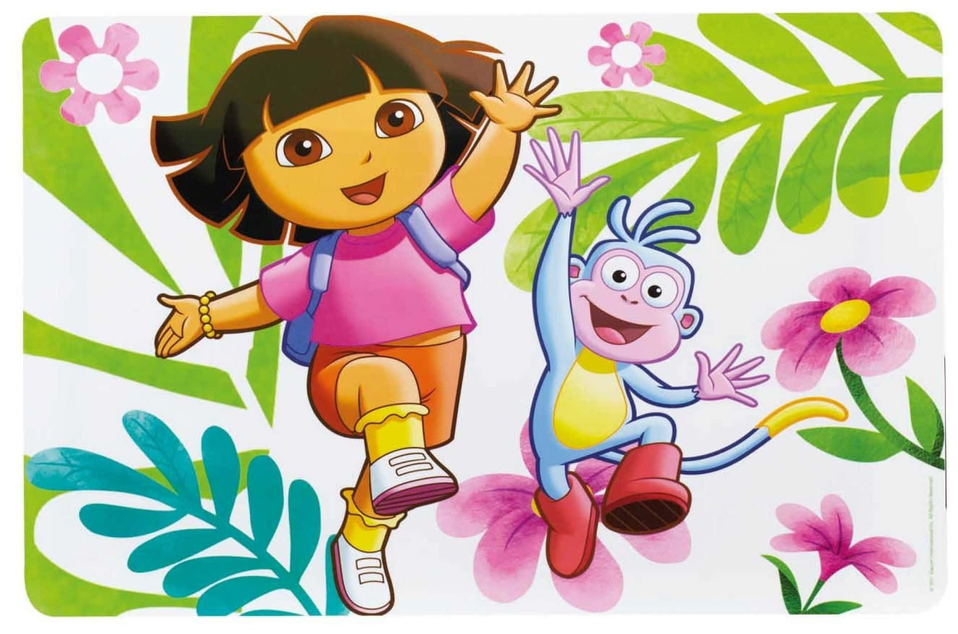 Dora 桌布 壁紙 — 愛探險的Dora和她的猴子朋友Boots愉快地跳過一個充滿粉紅色花朵和綠色葉子的生機勃勃的叢林。