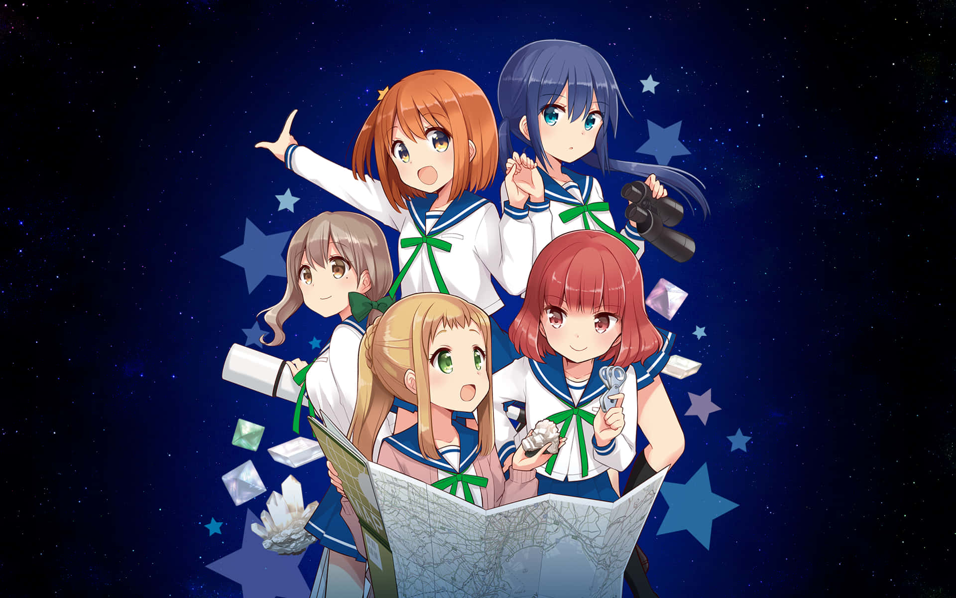愛星小行星動畫群像 壁紙 — 五個穿著水手服嘅動畫女仔，拎住地圖同望遠鏡探索星空夜晚。