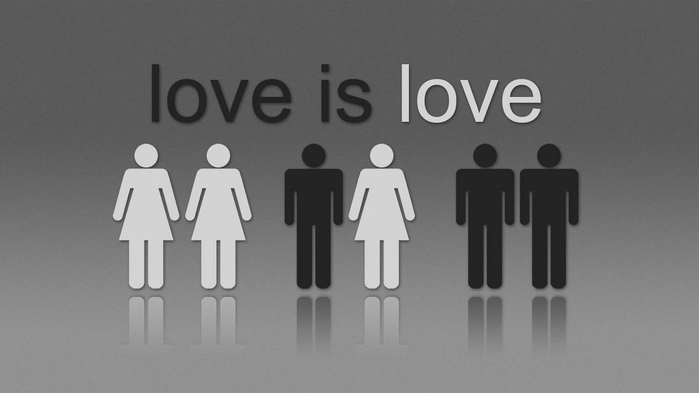 愛是愛 LGBTQ 圖標 壁紙 — 極簡圖形，在漸變灰色背景上，love is love 文字下方有白色和黑色的風格化人形圖案。