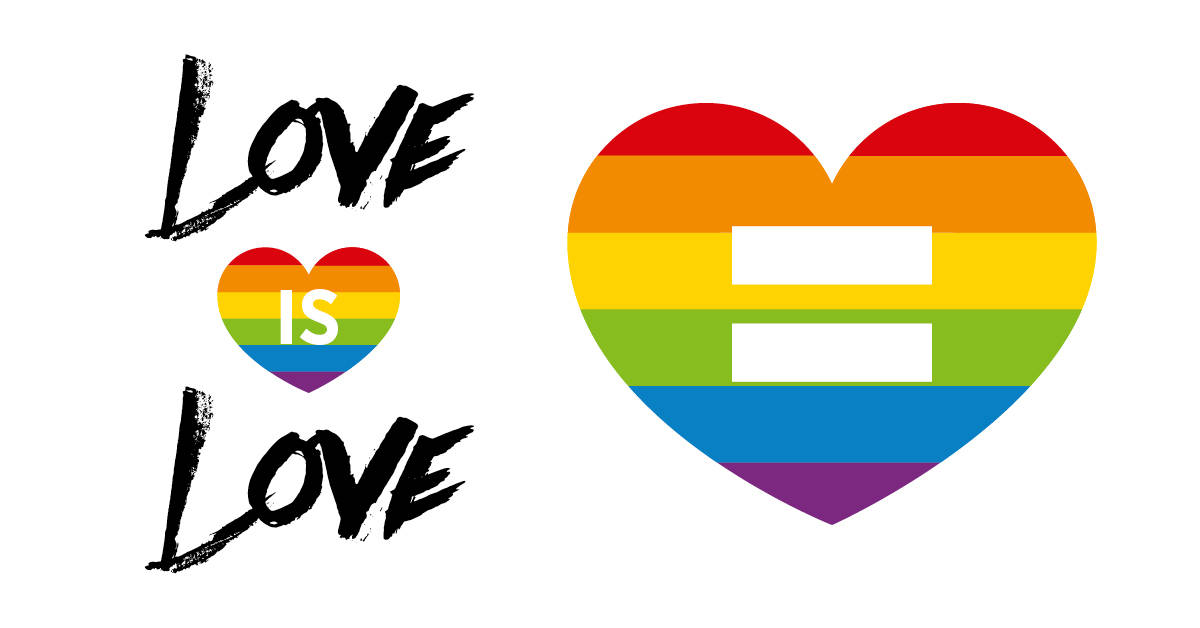 愛是愛，平等的LGBTQ心形 壁紙 — 粗體黑色刷筆文字「LOVE IS LOVE」旁邊有一個帶平等符號的彩虹心形。