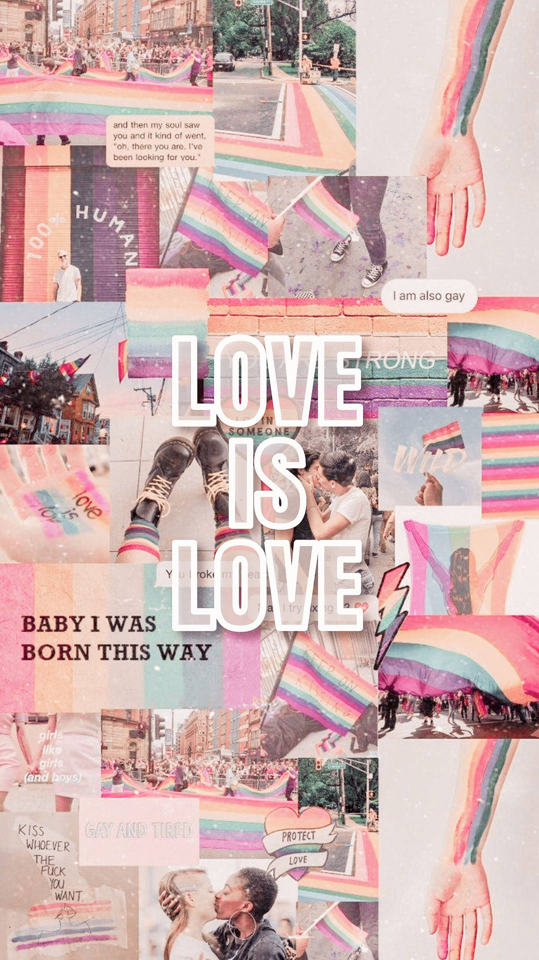 一幅色彩繽紛的拼貼畫，以彩虹旗和語錄慶祝愛與 LGBTQ+ 驕傲。