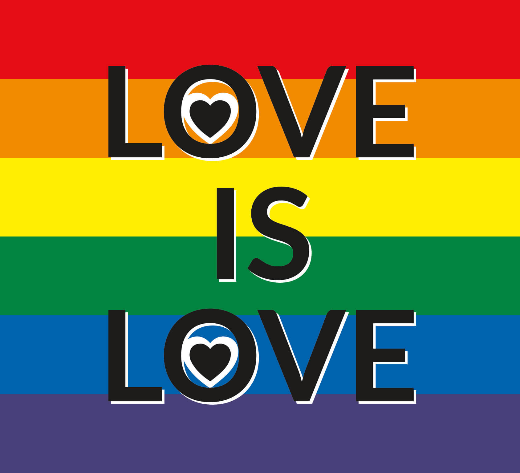 愛是愛彩虹 壁紙 — 粗體黑色文字「LOVE IS LOVE」覆蓋在色彩鮮豔的彩虹旗上，字母O中有心形符號。