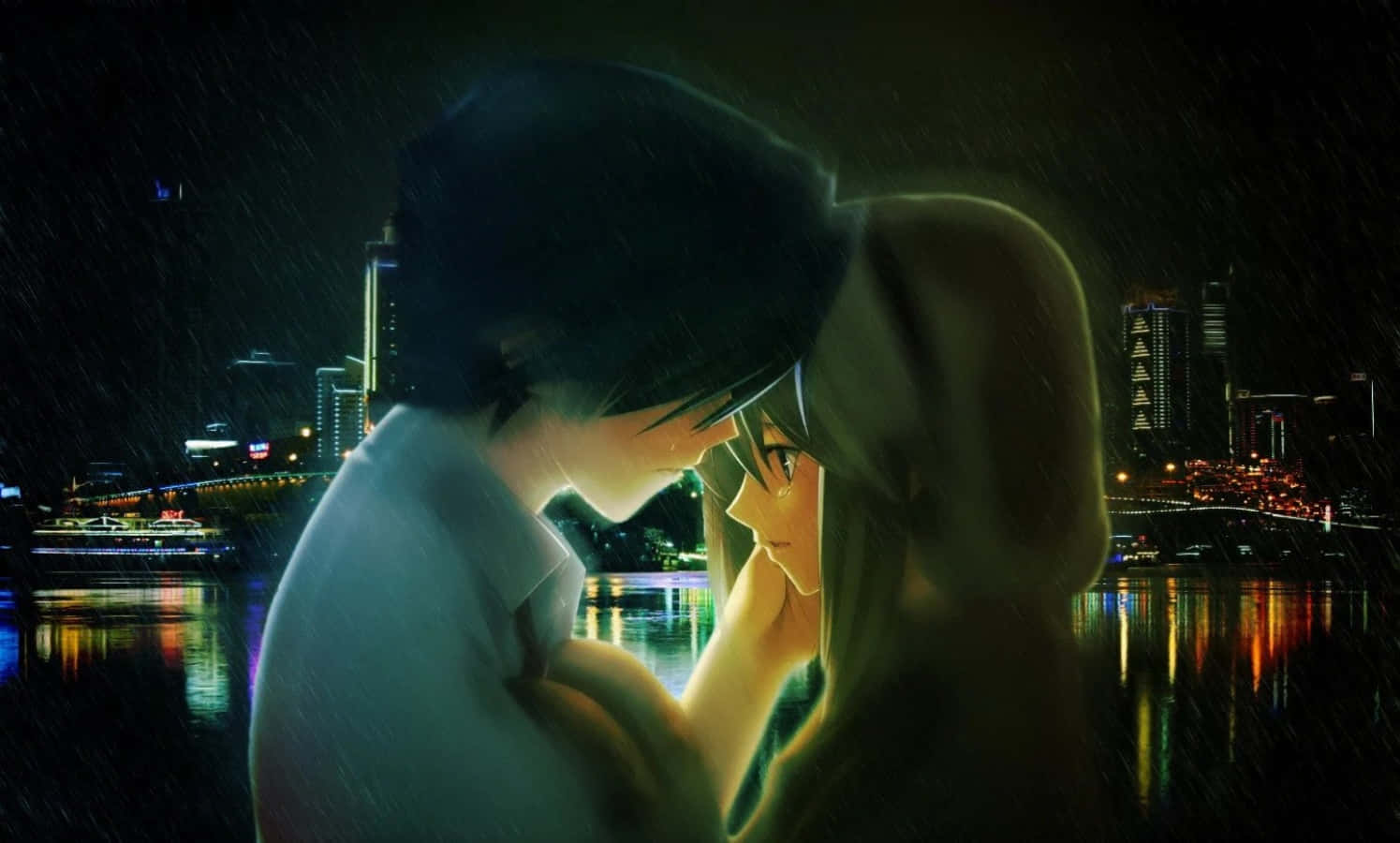 愛是無限且美麗的，就像這對動漫情侶。 壁紙 — 兩個動漫角色在夜晚發光的城市天際線下，在雨中分享親密時刻。