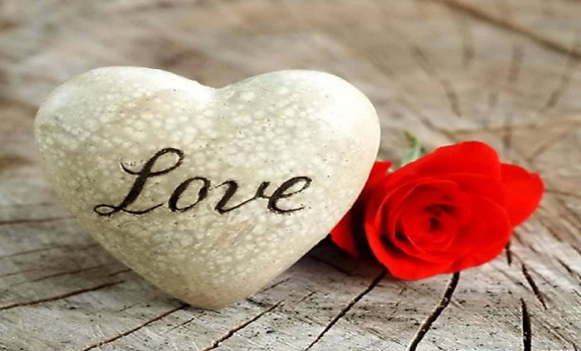 愛是甜蜜的 壁紙 — 一塊光滑的心形石頭，上面刻有「Love」字樣，旁邊放著一朵鮮豔的紅玫瑰，置於經風化的木質表面上。