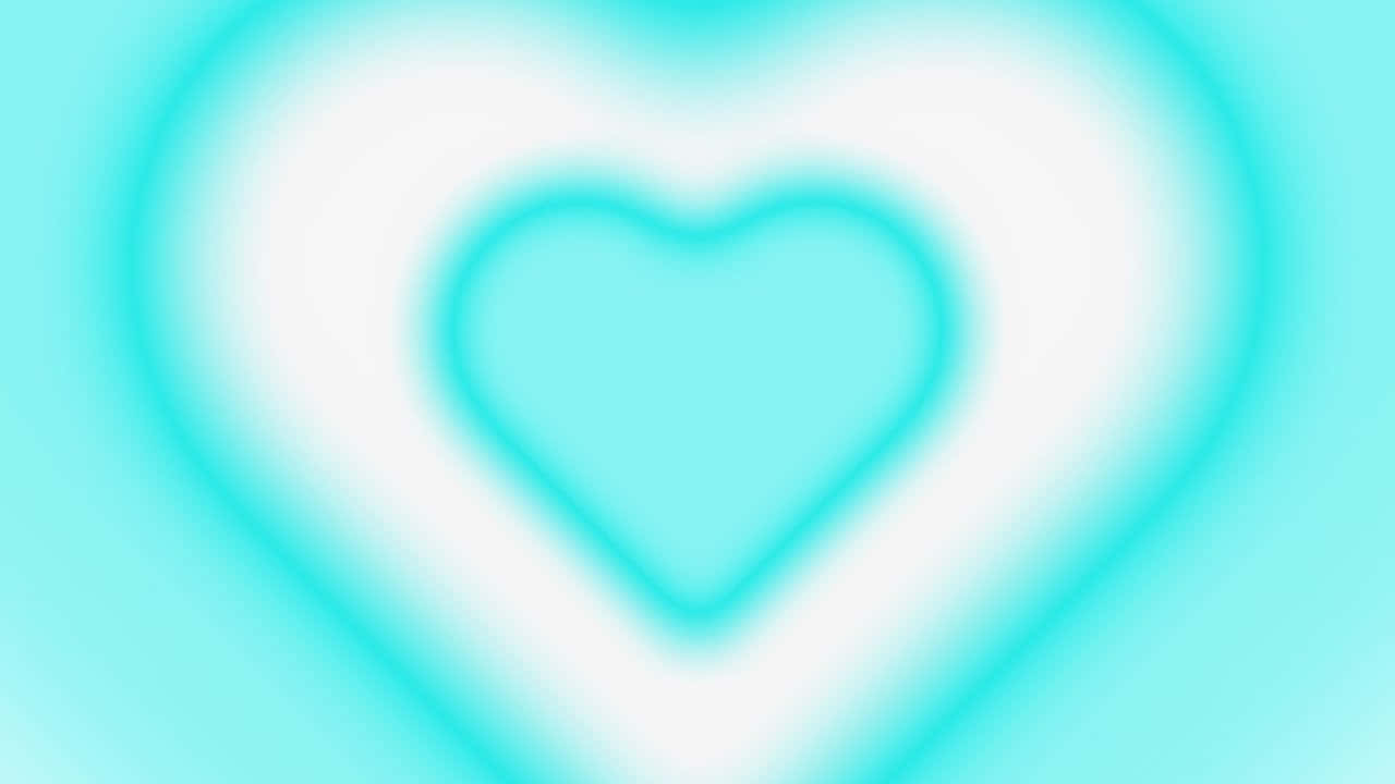愛會讓我們永遠在一起 壁紙 — 一個柔和發光的心形圖案，在模糊的漸變背景上散發出溫柔的藍綠色光芒。