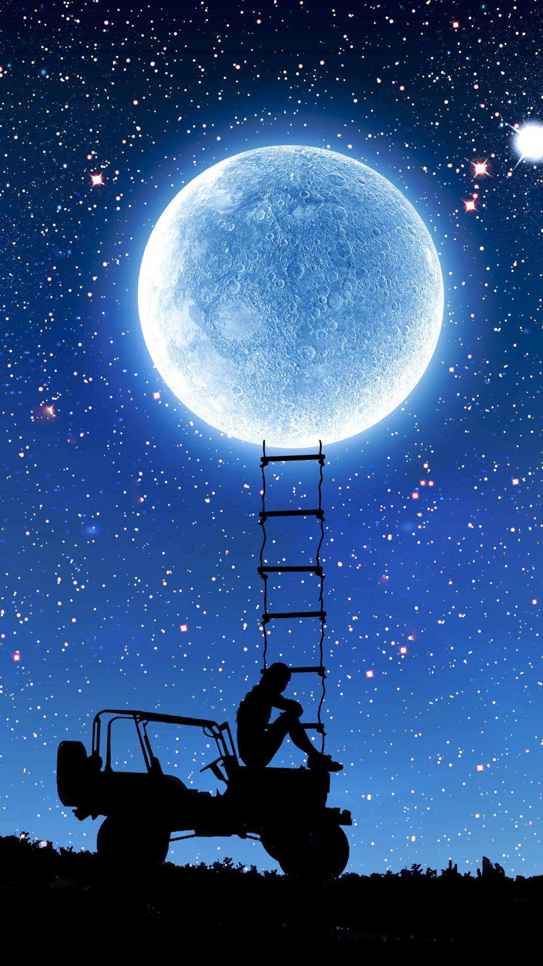 人坐在吉普車上，梯子伸向巨大月亮，星空下