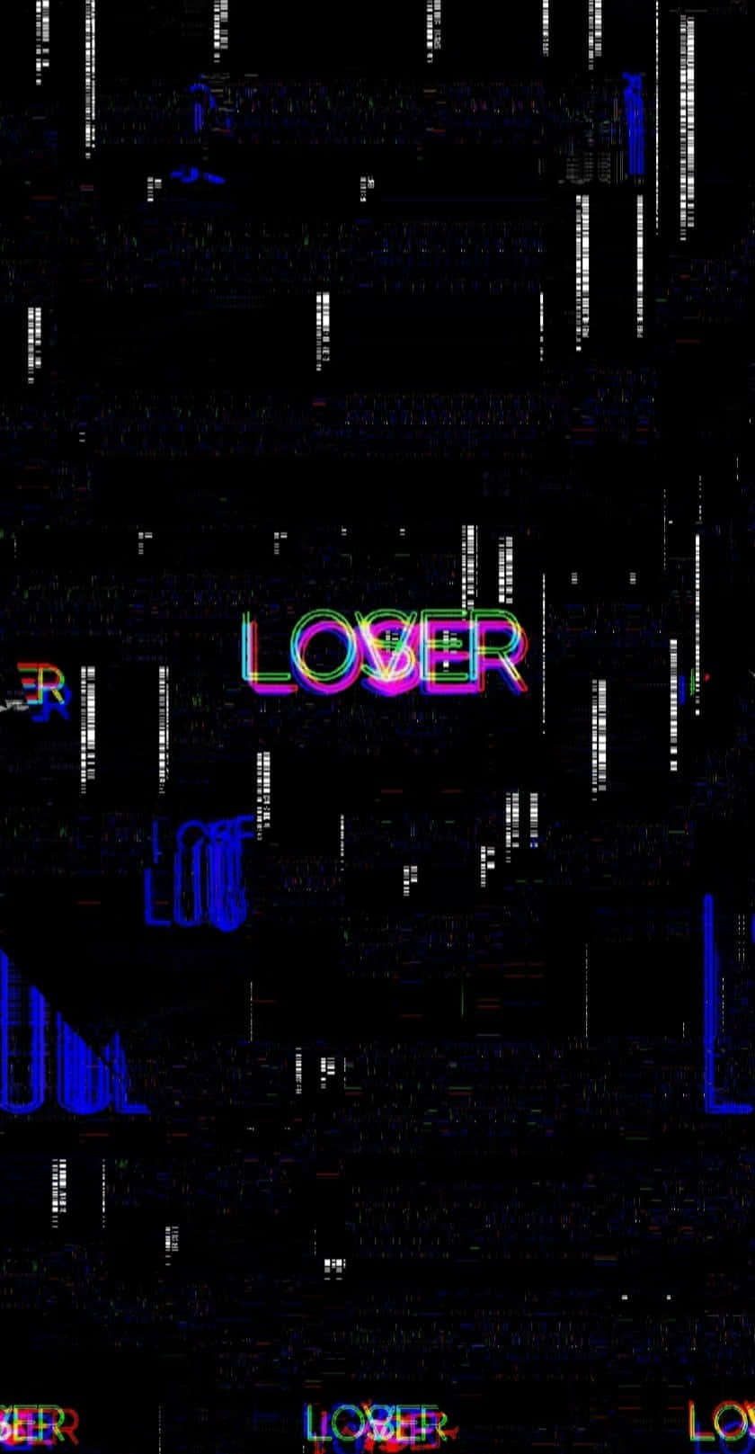 故障藝術，黑色背景上帶有霓虹色的「LOSER」字樣和數位雜訊。