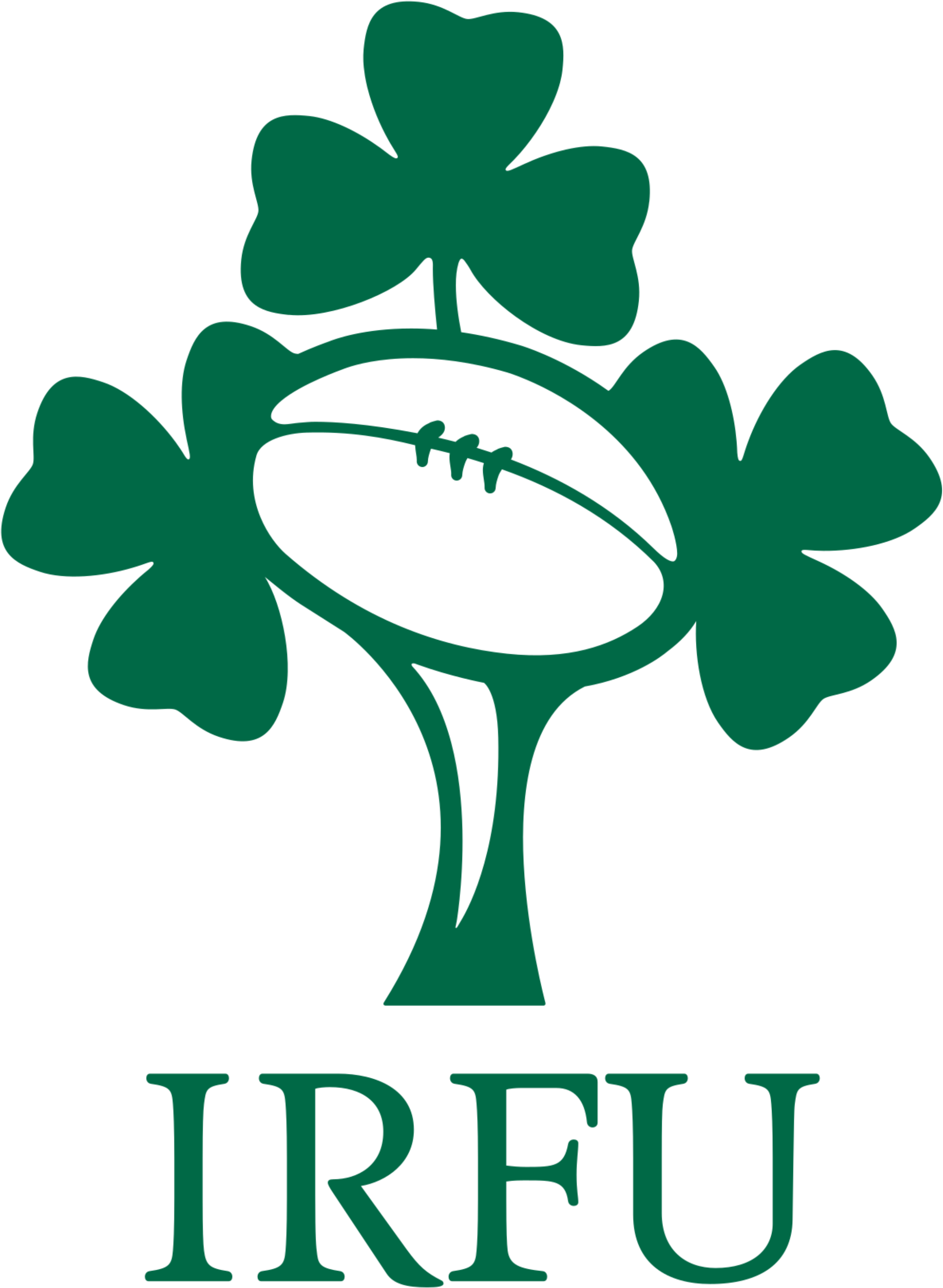 愛爾蘭 Rugby Ireland 標誌 壁紙 — 一個綠色剪影標誌，橄欖球嵌在三片三葉草之間，下方有'IRFU'文字。