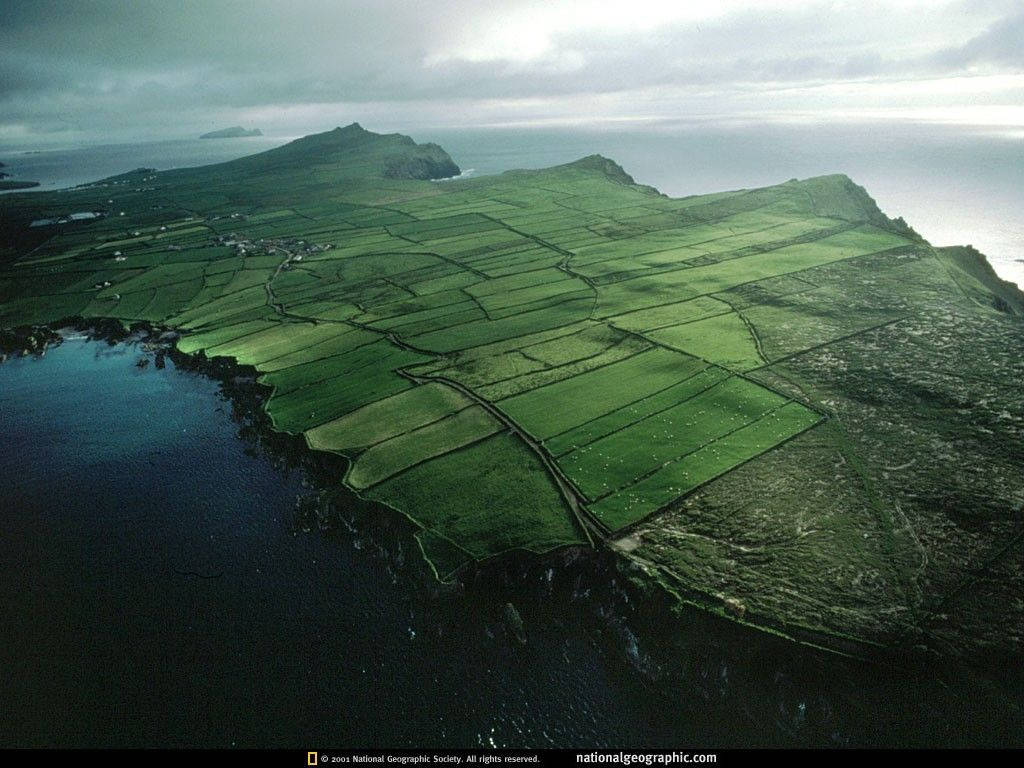 沿海島嶼上綠色農田的鳥瞰圖，有懸崖和海洋。