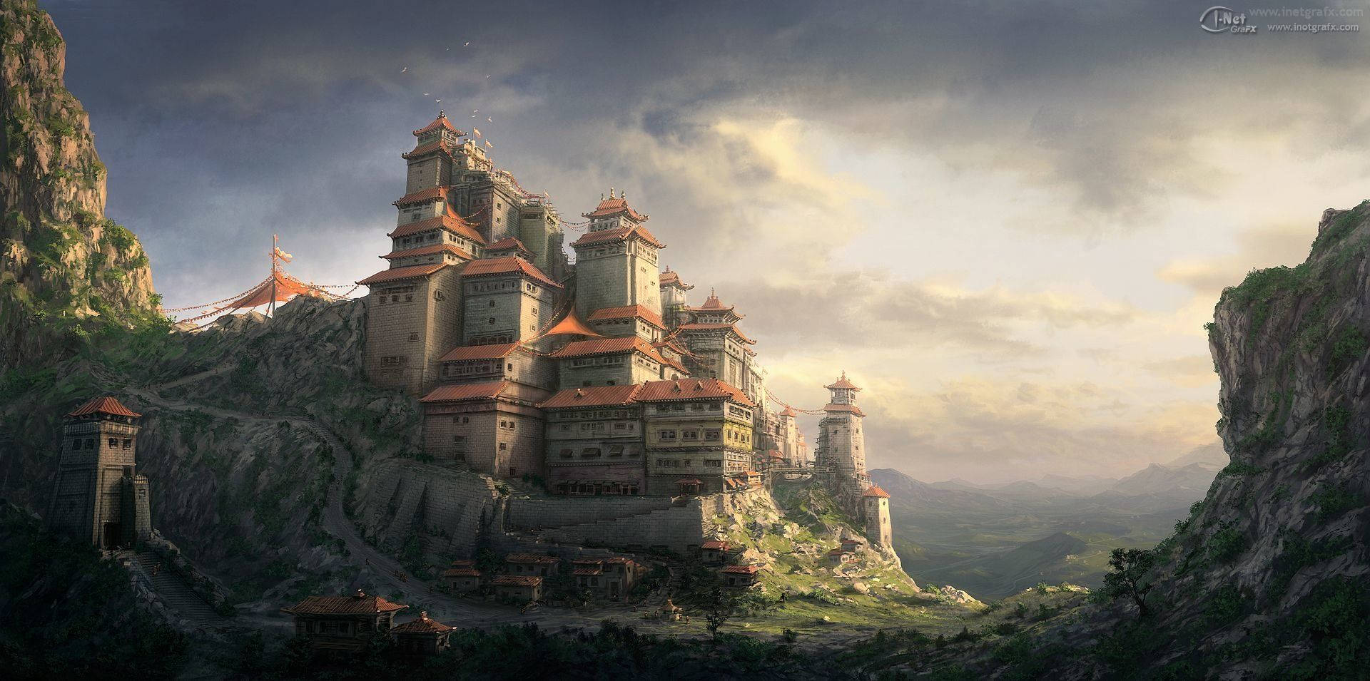 古老石堡坐落在山脊上，天空多雲