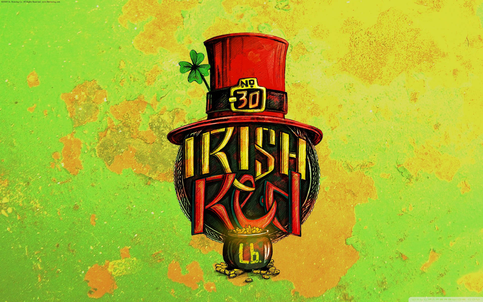 Irish Reel 插圖，帶有高帽、三葉草和金鍋，背景為紋理綠色和黃色。