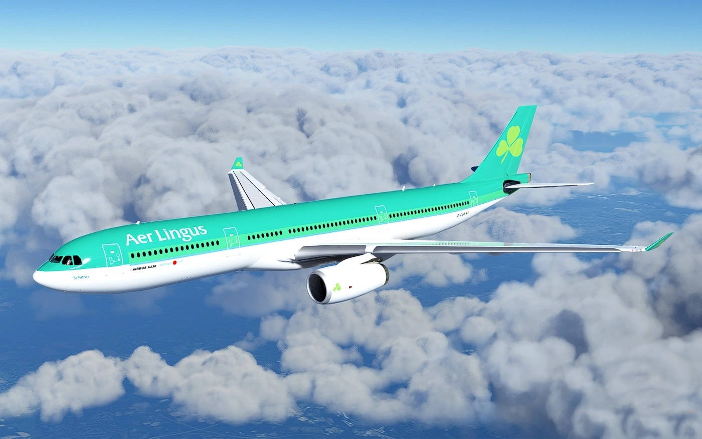 愛爾蘭航空的飛機在晴朗的藍天中飛越雲層