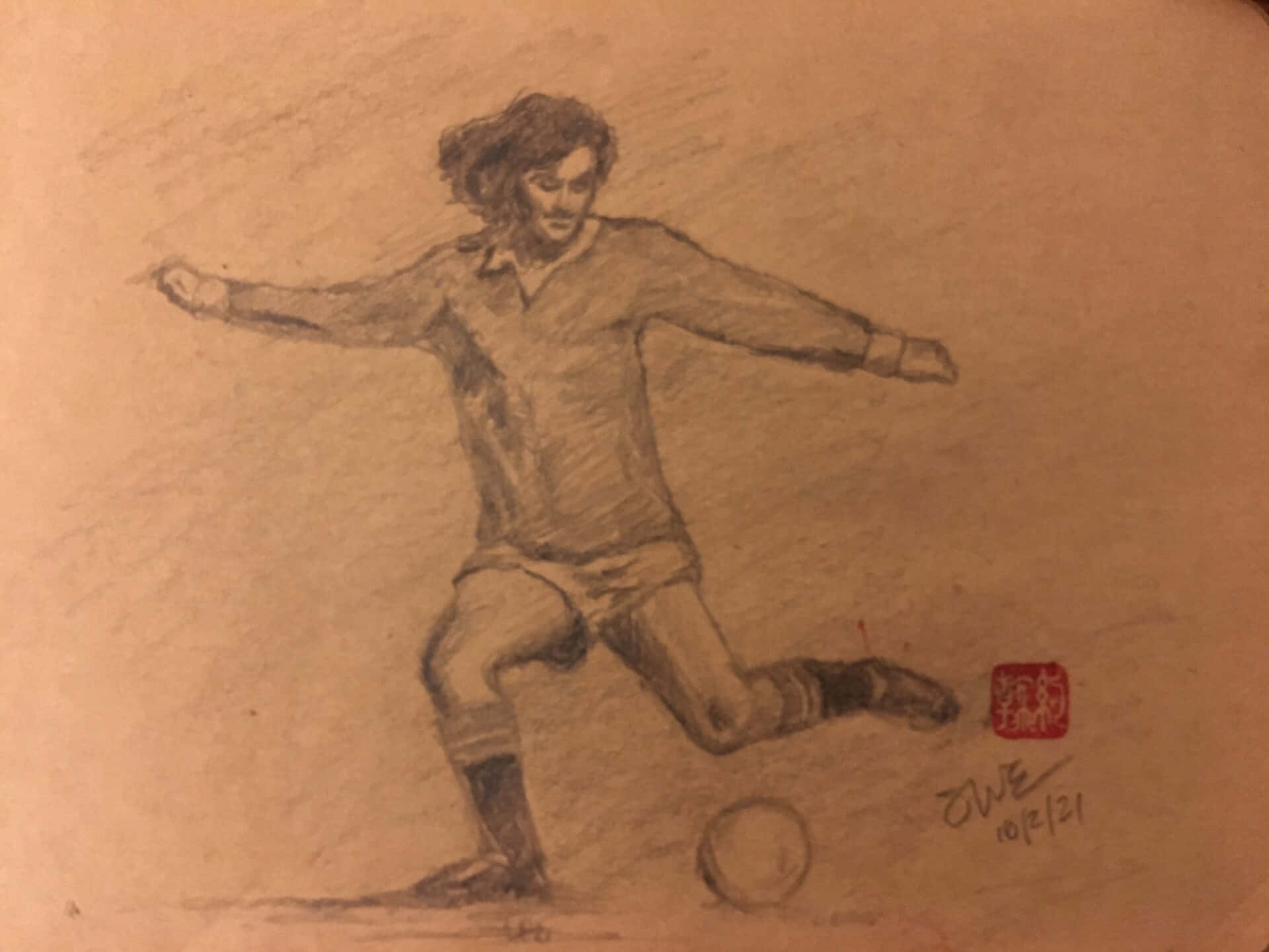 在動態鉛筆素描中，一名足球員正在踢球。