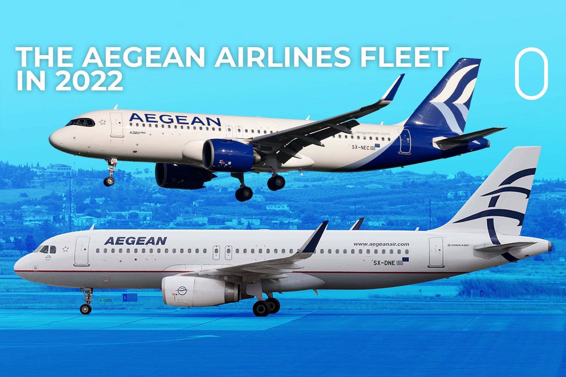 兩架愛琴海航空飛機，一架飛行中，一架在跑道上，背景有城市。