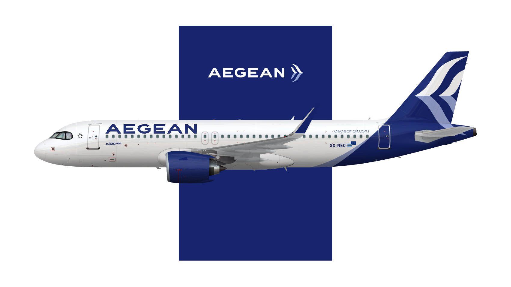 愛琴海航空空中巴士A320neo飛機，採用藍白塗裝，背景為藍色方形。