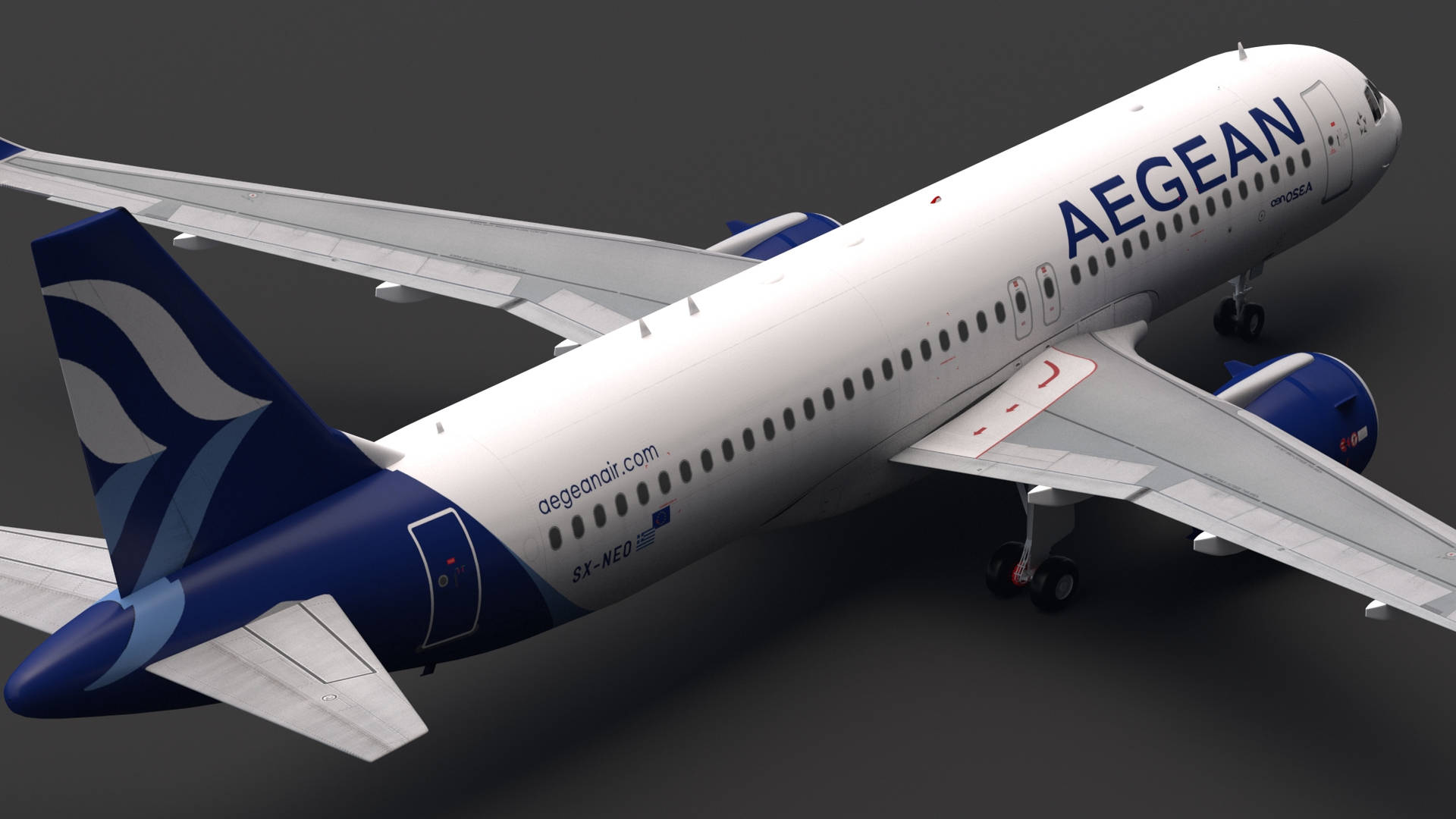 愛琴海航空空中巴士A320neo飛機的工作室渲染，藍白塗裝。