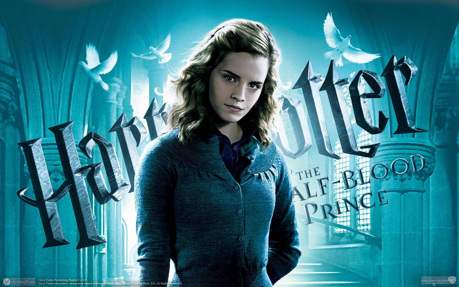 Hermione Granger 桌布 壁紙 — 愛瑪·屈臣飾演的妙麗·格蘭傑在蒂爾色燈光的霍格華茲走廊中堅定站立，白鴿圍繞電影標題飛翔。