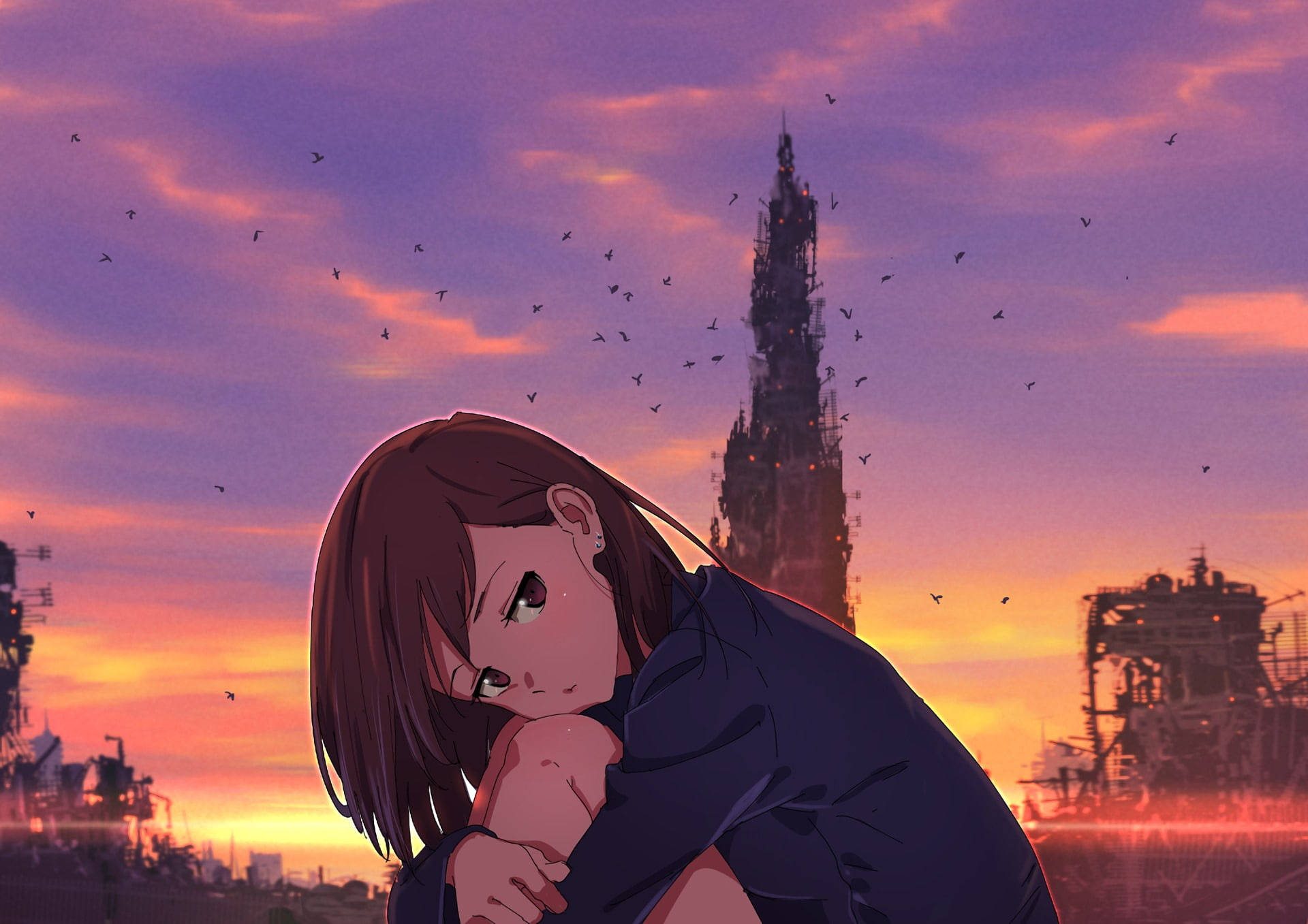 動漫女孩在夕陽下的廢墟城市中抱著自己，有鳥兒相伴。