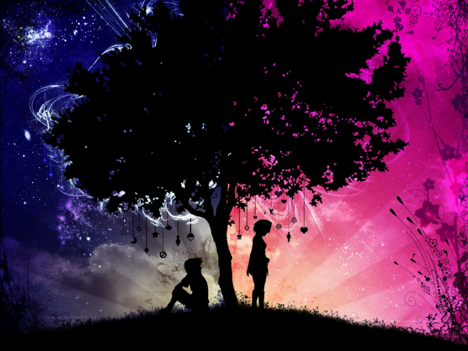 兩個人在樹下，星空粉紅和紫色的天空