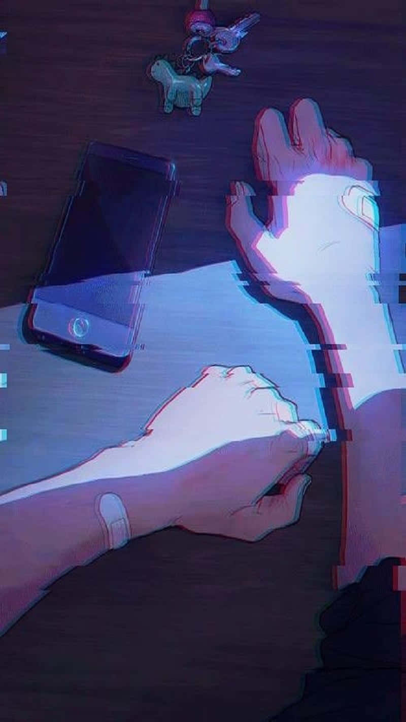 動漫手伸向木桌上發光的手機和鑰匙扣。