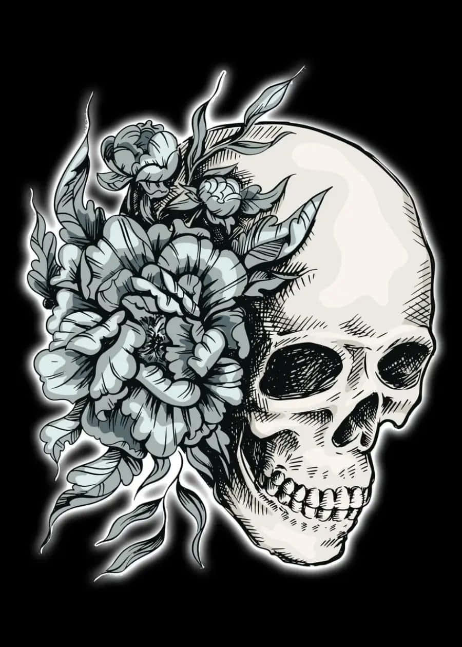愛的象徵：骷髏與玫瑰 壁紙 — 一個鮮明的黑白插圖，描繪一個人類頭骨，飾以茂盛的牡丹和葉子，背景為深色。