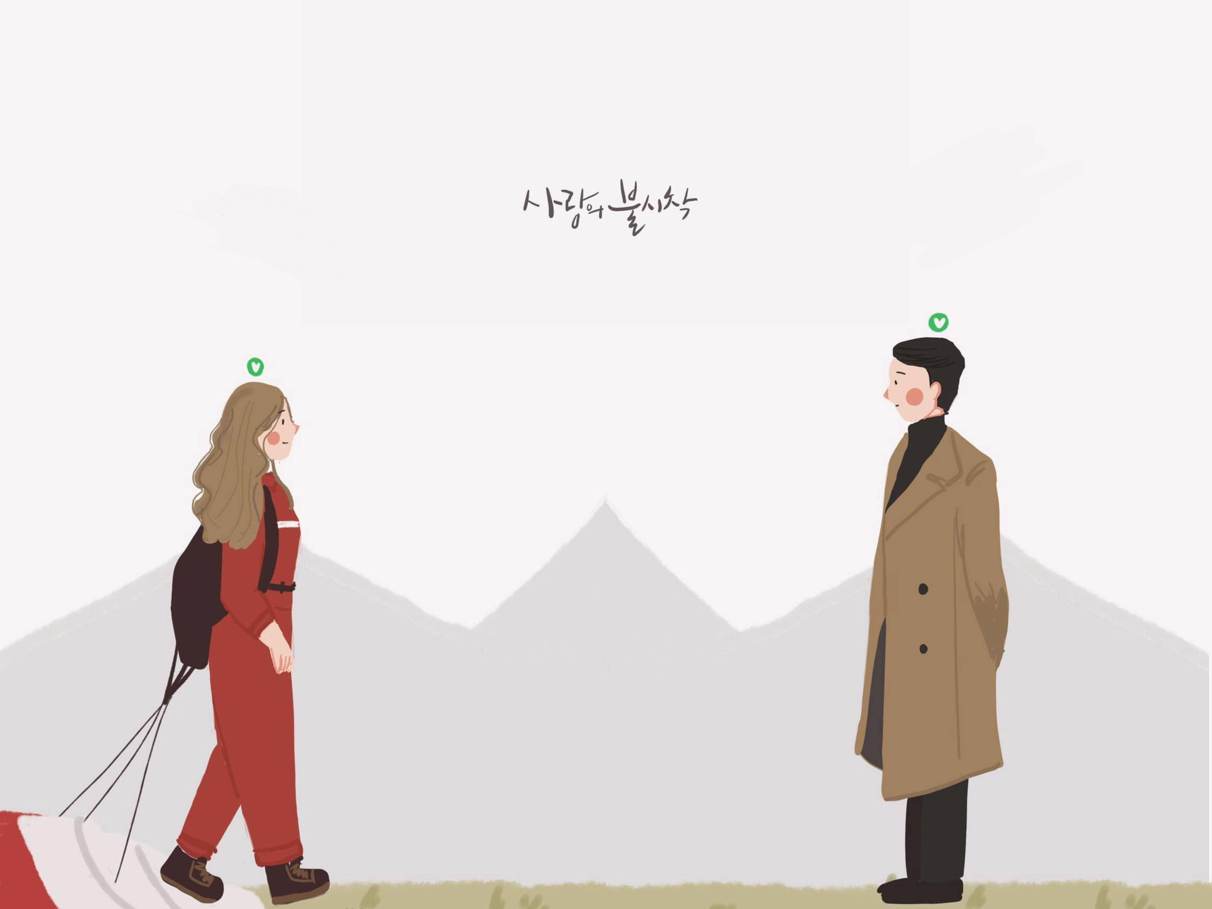 《愛的迫降》初遇時刻 壁紙 — 一名穿著外套的男女在簡約的山景背景下相對而立，上方有韓文文字。