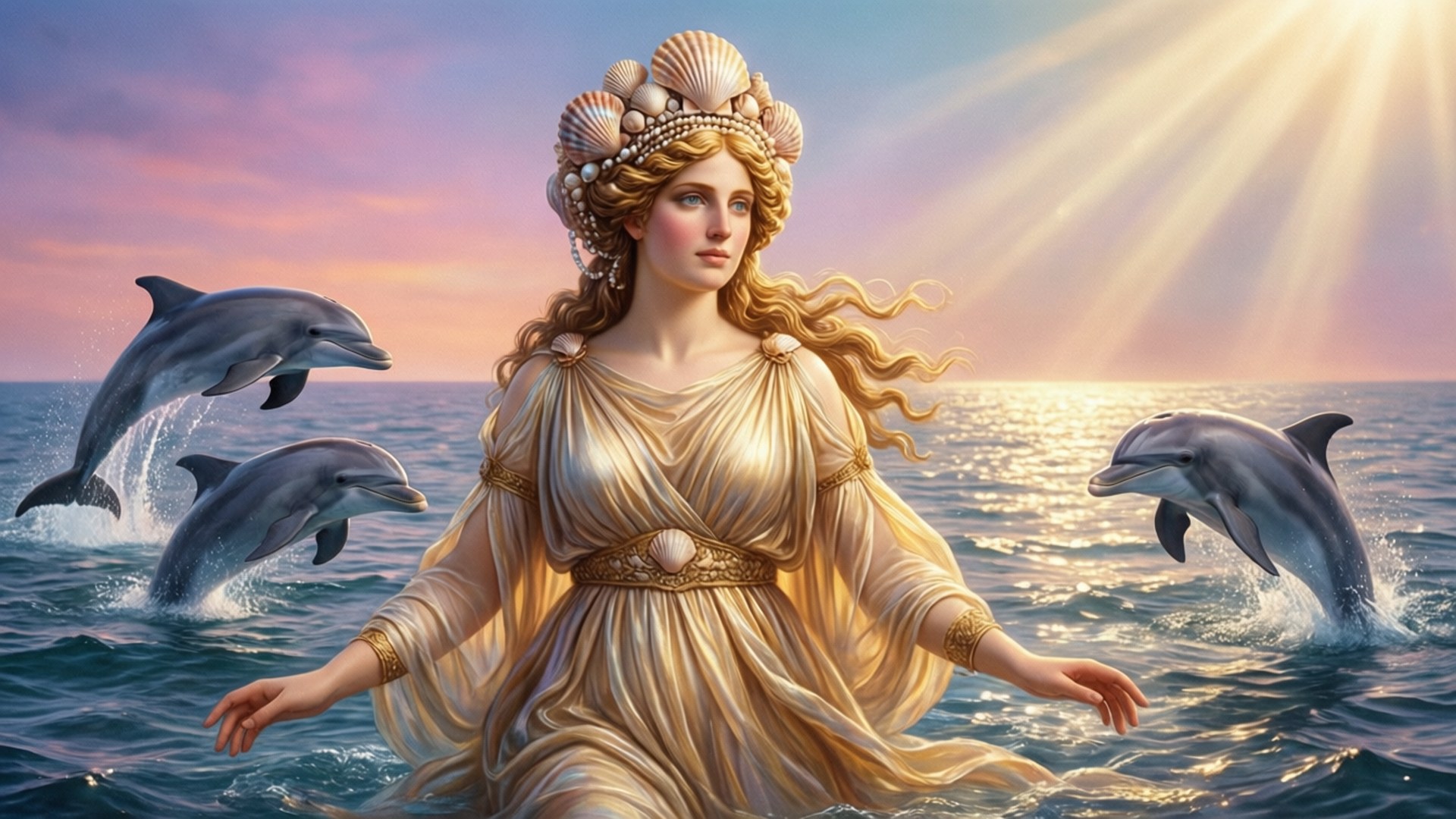 頭戴貝殼皇冠的女神，在日落時被跳躍的海豚環繞。