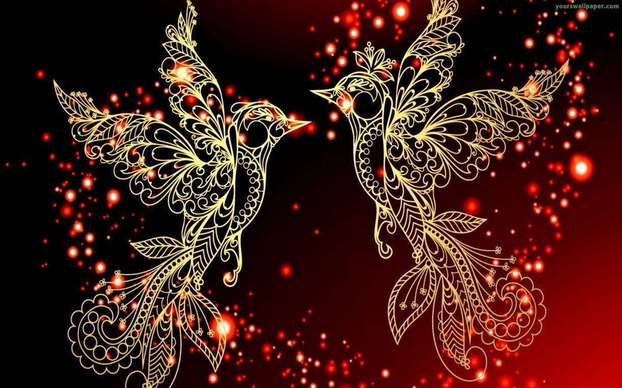 兩隻金色裝飾鳥相對而立，伴隨著發光的紅色火花。
