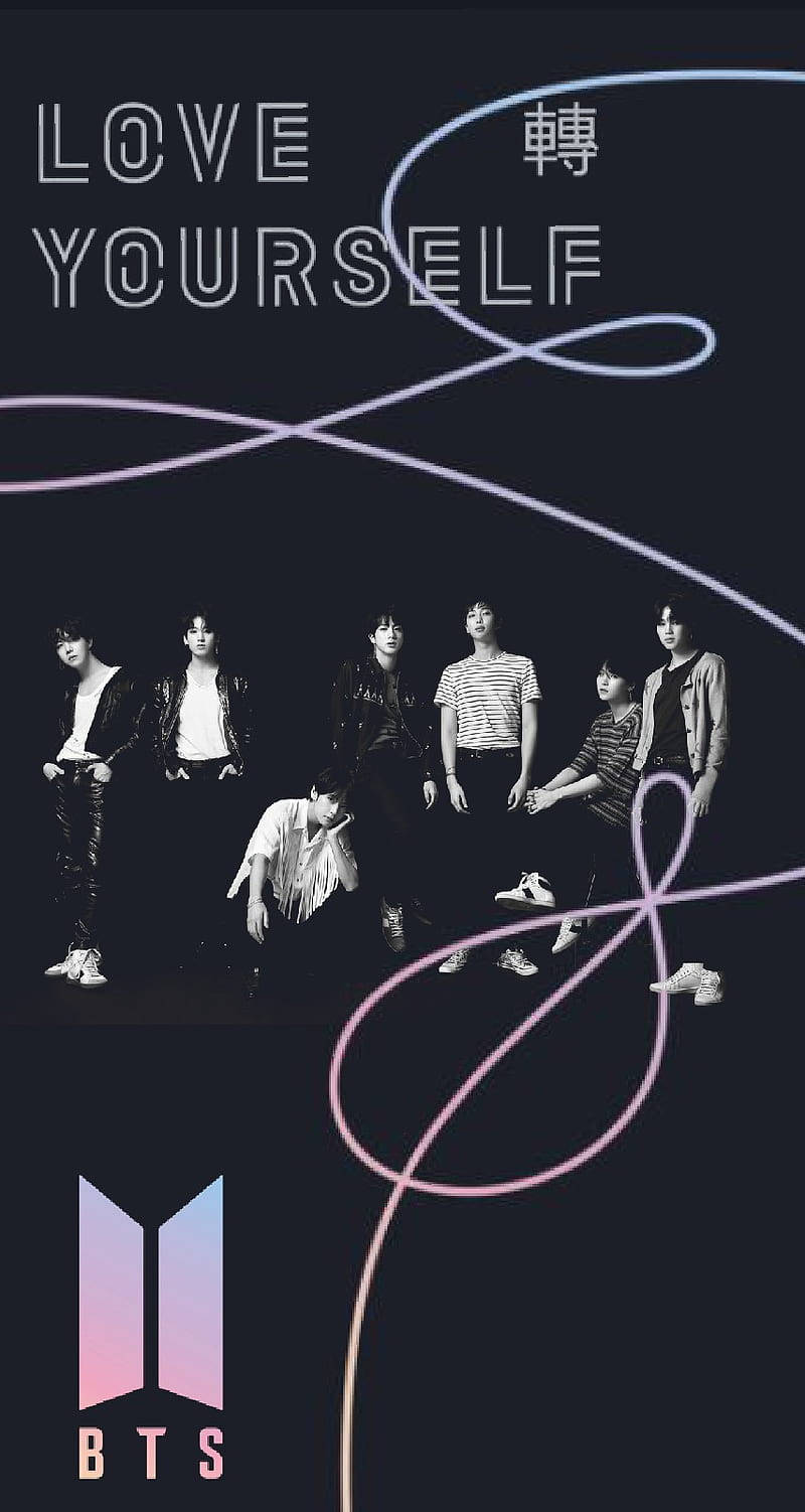 BTS 成員以單色呈現，帶有發光的粉紅色藍色線條和 LOVE YOURSELF 文字。 — BTS標誌 壁紙