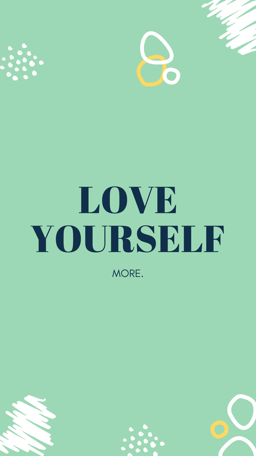 薄荷綠色背景，帶有「LOVE YOURSELF MORE」文字和抽象白色黃色形狀。