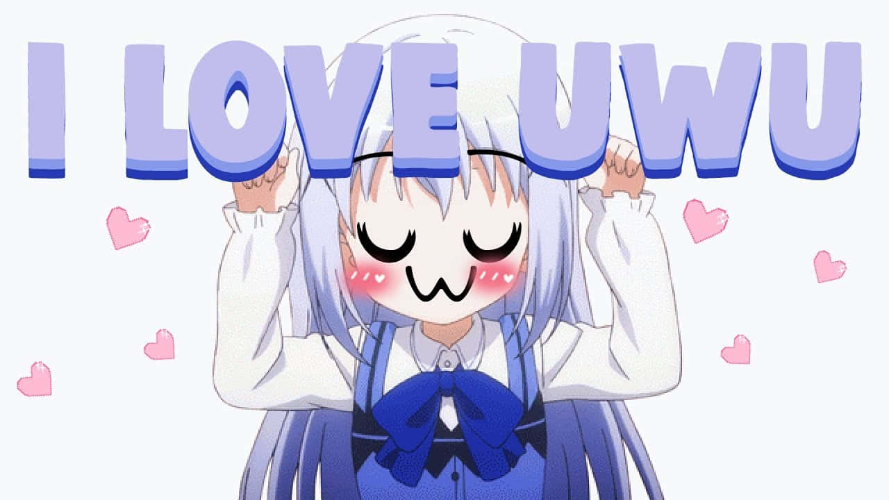 銀色頭髮和藍色蝴蝶結的動漫女孩，在「I LOVE UWU」文字和粉紅色心形下微笑臉紅。