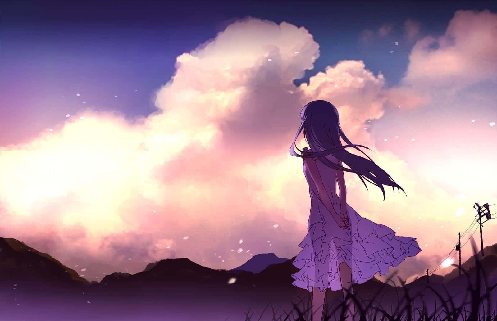動漫女孩紫色連衣裙站在山丘上看日落雲彩