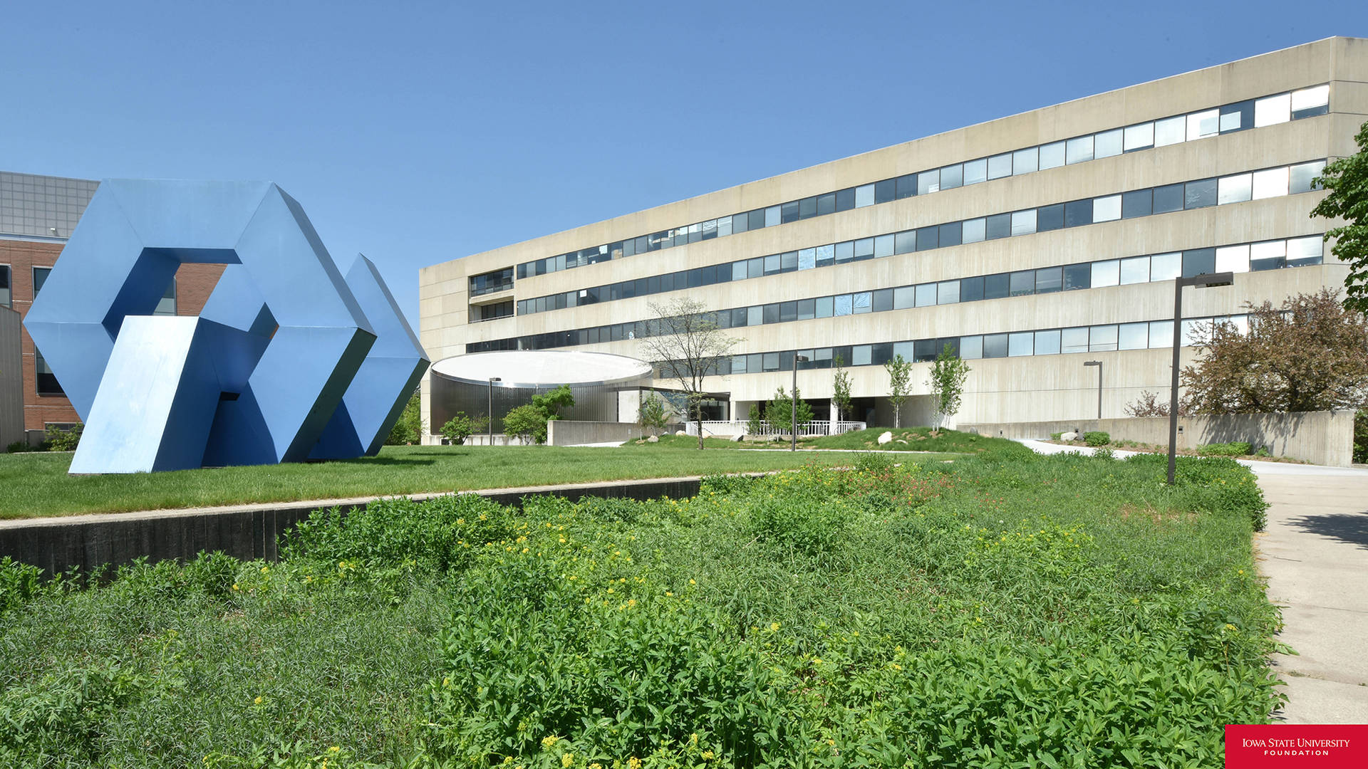 藍天下，綠色庭院中有藍色雕塑的現代化大學建築。