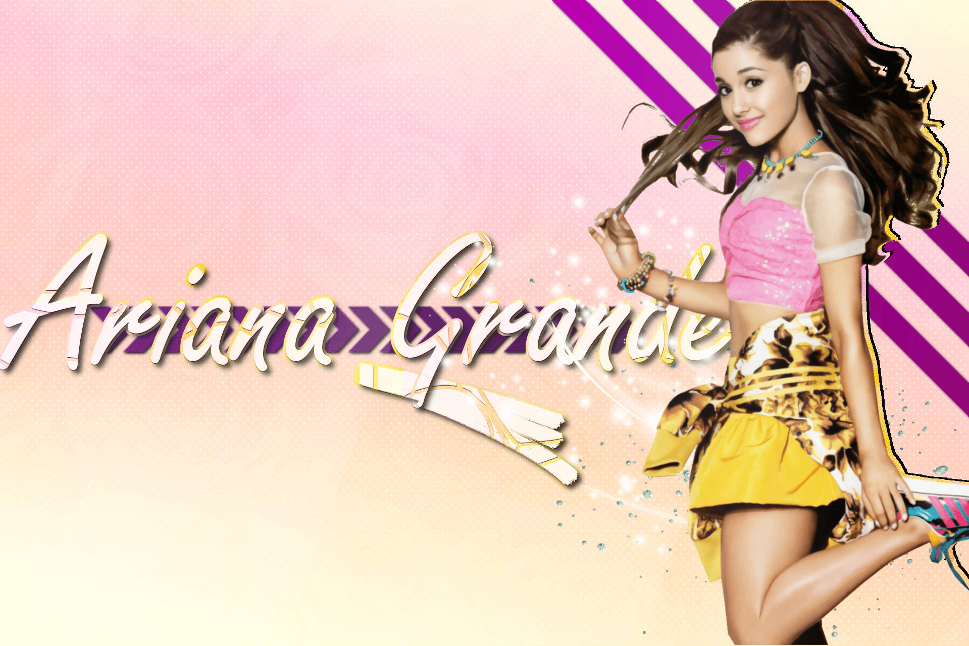 Ariana Grande 穿著粉紅色上衣和黃色裙子跳舞，帶有閃光。