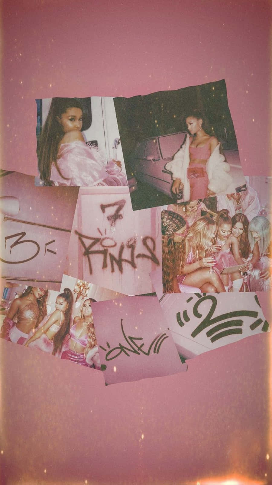 帶有塗鴉和閃光的Ariana Grande照片粉紅色拼貼。