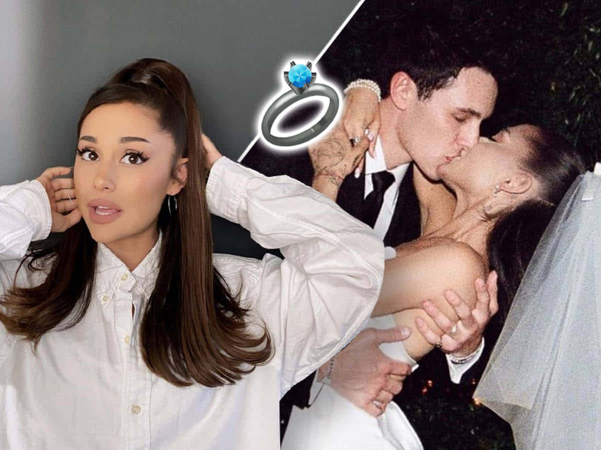Ariana Grande 和 Dalton Gomez 在婚禮上接吻，上方有一個藍色鑽石戒指的圖形。