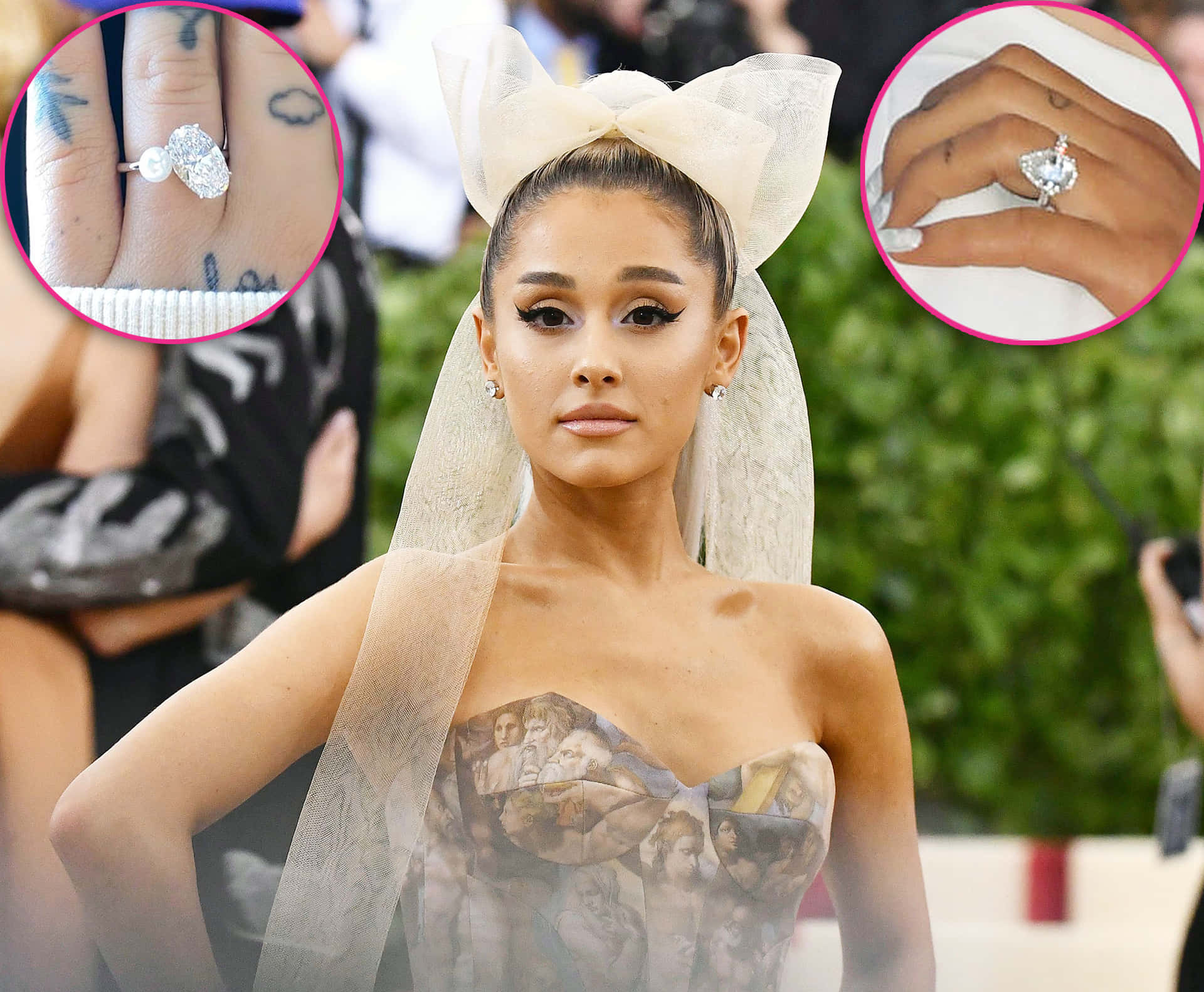 Ariana Grande 身穿印有圖案的長裙，搭配白色蝴蝶結和鑽石戒指特寫。